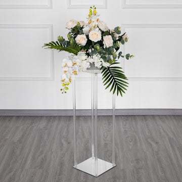 Clear Acrylic Floor Vase Flower Stand With Square Mirror Base, Wedding Column 32"