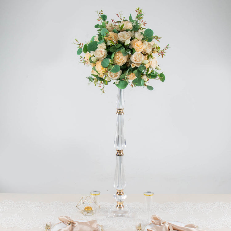 32 Inch Acrylic Crystal Gold Metal Pillar Candle Stand Table Centerpiece