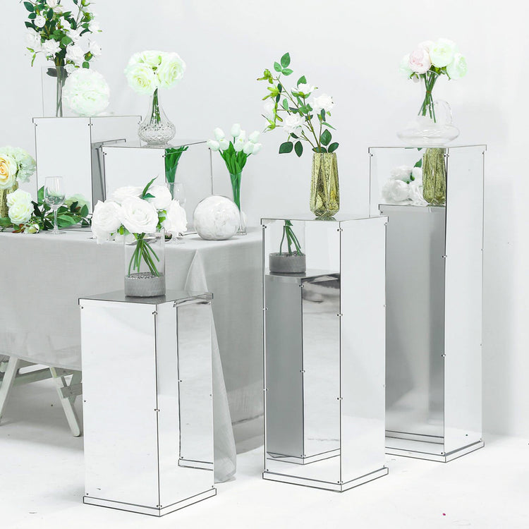 Silver Mirror Acrylic Pedestal Display Risers 32 Inch With Interchangeable Lid & Base