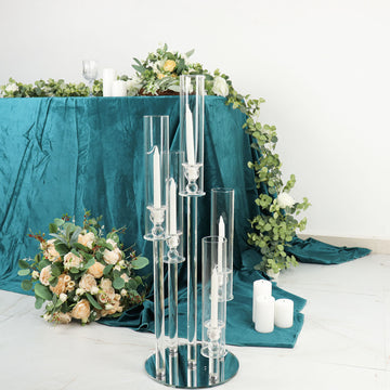 32" Tall Clear 5-Arm Crystal Round Glass Taper Candle Candelabra, Pillar Candle Holder Wedding Centerpiece