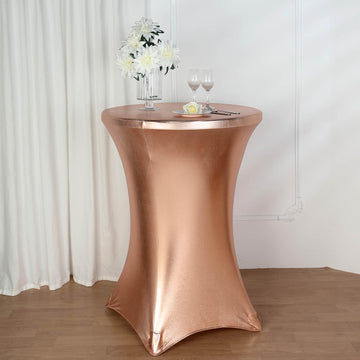Create a Luxurious Atmosphere with the Premium Metallic Blush Spandex Highboy Cocktail Table Cover