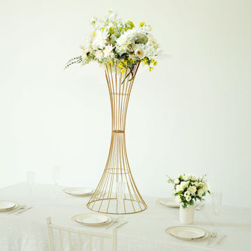 36" Tall Gold Metal Wire Trumpet Shaped Flower Centerpiece Stand, Hourglass Open Frame Reversible Pedestal Prop