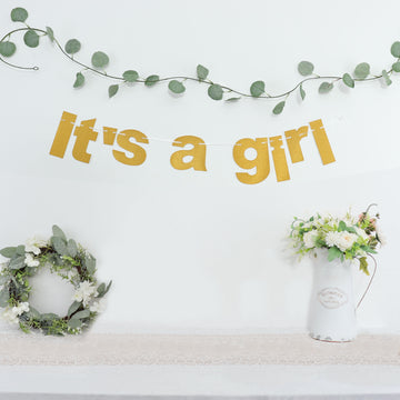 Gold Glittered It's a Girl Paper Hanging Gender Reveal Garland Banner, Baby Shower Banner 3ft