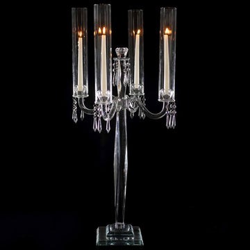36" | 4 Arm Premium Crystal Glass Taper Candle Holder Candelabra with Chandelier Chains