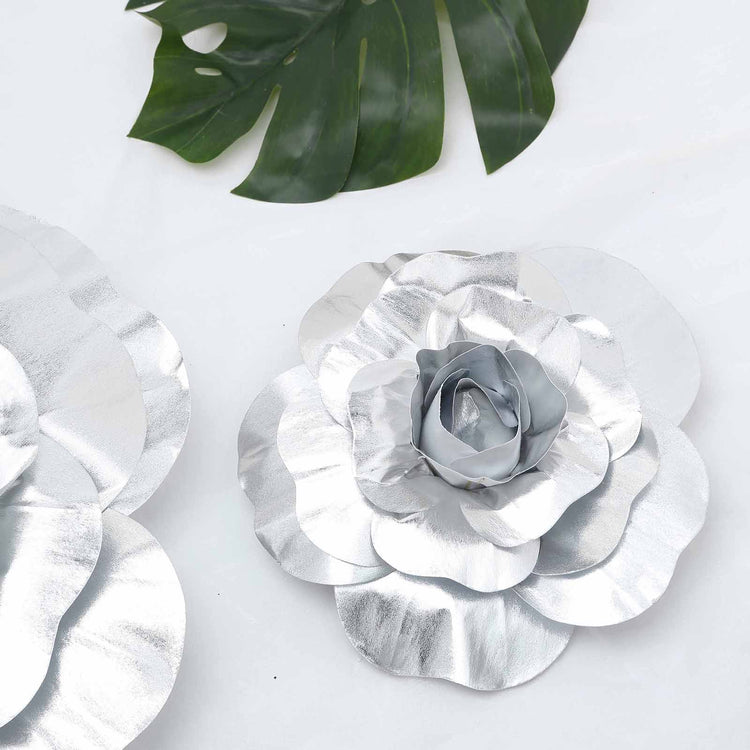 4 Pack Silver Artificial Real Touch Large Foam DIY Craft Roses 12 Inch