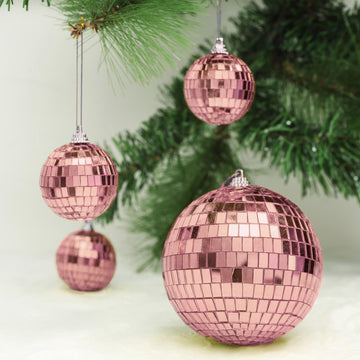 4 Pack Rose Gold Foam Disco Mirror Ball With Hanging Strings, Holiday Christmas Ornaments 4"