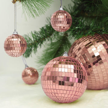 4 Pack Rose Gold Foam Disco Mirror Ball With Hanging Strings, Holiday Christmas Ornaments 6"