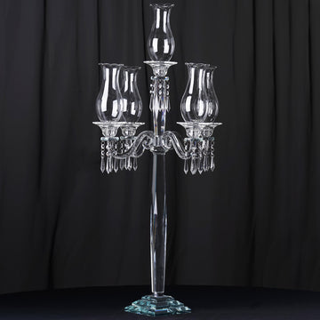 5 Arm Premium Crystal Glass Taper Candle Holder Candelabra With Chandelier Chains 40"