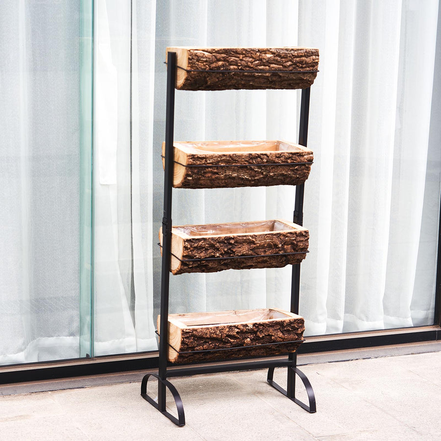 42 Inch 4-Tier Metal Ladder Plant Stand With Natural Wood Log Planters