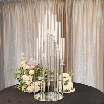 47" Clear 10 Arm Crystal Cluster Round Taper Candelabra, Candle Holder For Votive, Pillar or LED Candles With Mirror Base