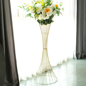 48" Tall Gold Metal Wire Trumpet Shaped Flower Centerpiece Stand, Hourglass Open Frame Reversible Pedestal Prop