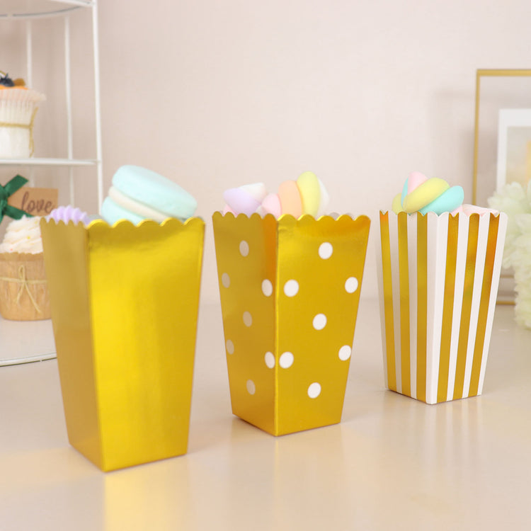 5 Inch White & Gold Paper Popcorn Favor Boxes in Stripe Polka Dot & Solid Designs Pack of 36