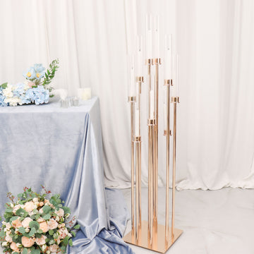 50" Gold 10 Arm Cluster Taper Candle Holder With Clear Glass Shades, Large Candle Arrangement