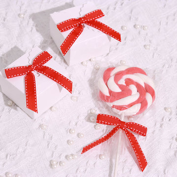 50 Pcs Saddle Stitch Ribbon Bows With Twist Ties, Gift Basket Party Favor Bags Decor - Red/White Polyester 3"