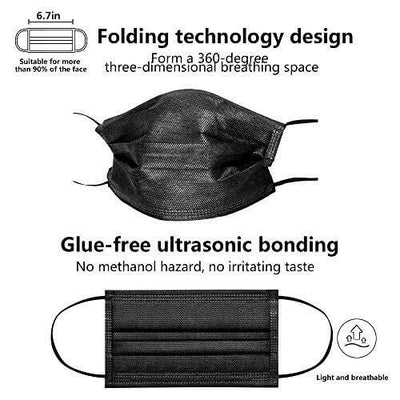 Black disposable face mask with folding technology and glue-free bonding.