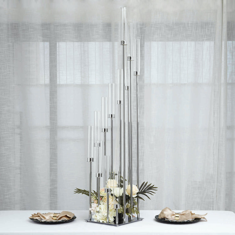 57 Inch Silver Cluster Taper Candle Holder 12 Arm with Clear Glass Shades