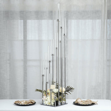 Silver 12 Arm Cluster Taper Candle Holder With Clear Glass Shades, Large Candle Arrangement 57"