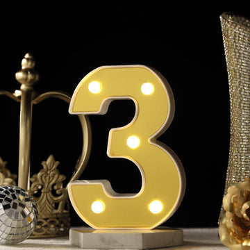 6" Gold 3D Marquee Numbers - Warm White 5 LED Light Up Numbers - 3