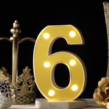 6" Gold 3D Marquee Numbers - Warm White 6 LED Light Up Numbers - 6