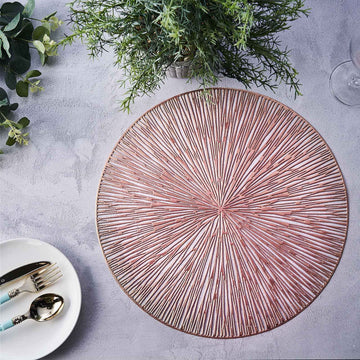 6 Pack 15" Rose Gold Metallic Non-Slip Placemats, Spiked Design Round Vinyl Table Mats