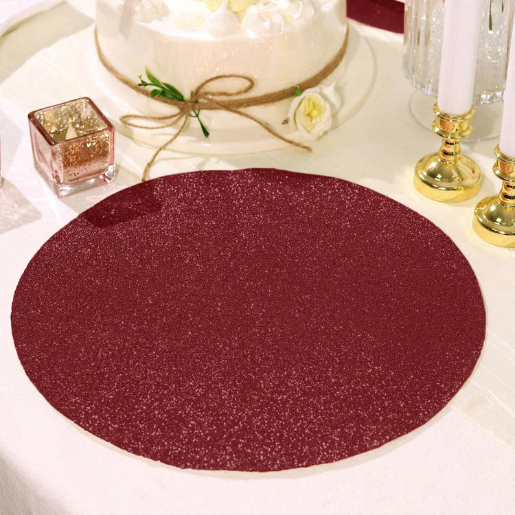 6 Pack of Round Glitter Table Mats in Burgundy Non Slip Sparkle Placemats