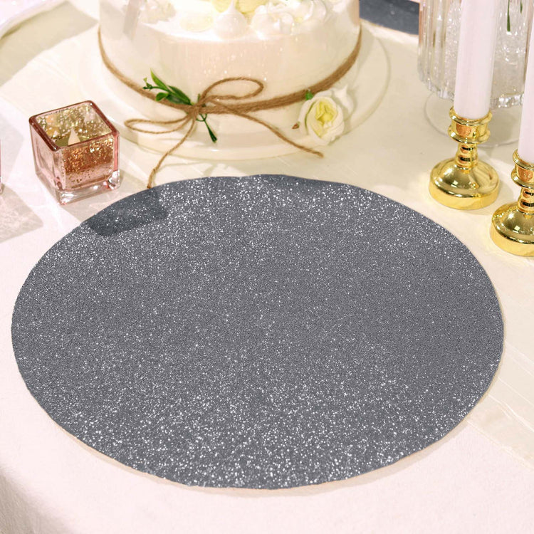 6 Pack Charcoal Gray Sparkle Non Slip Round Decorative Placemats