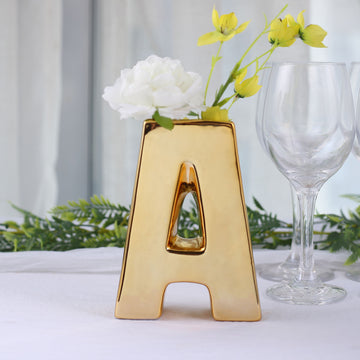 Shiny Gold Plated Ceramic Letter "A" Sculpture Flower Vase, Bud Planter Pot Table Centerpiece 6"