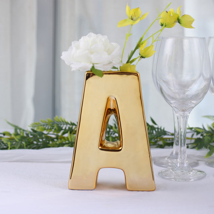 6 Inch Letter "A" Shiny Gold Plated Ceramic Bud Planter Vase 