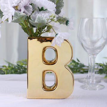 6" Shiny Gold Plated Ceramic Letter "B" Sculpture Flower Vase, Bud Planter Pot Table Centerpiece
