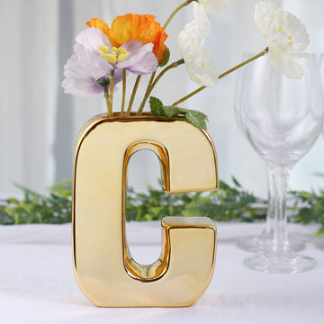 6" Shiny Gold Plated Ceramic Letter "C" Sculpture Flower Vase, Bud Planter Pot Table Centerpiece