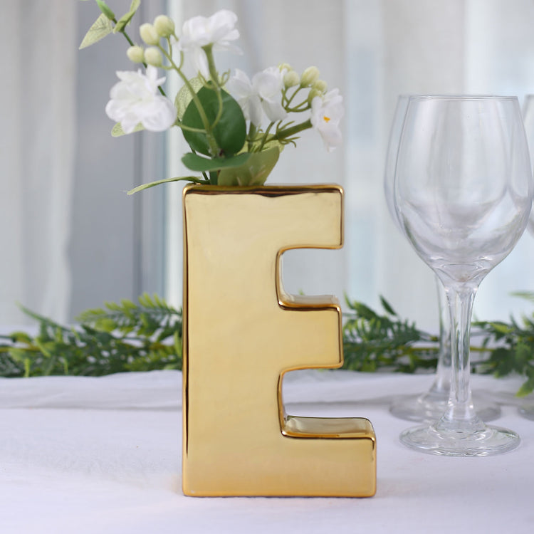 6 Inch Letter "E" Shiny Gold Plated Ceramic Bud Planter Vase 