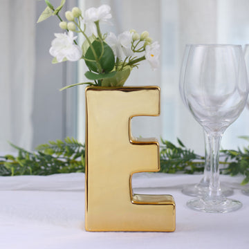 Shiny Gold Plated Ceramic Letter "E" Sculpture Flower Vase, Bud Planter Pot Table Centerpiece 6"