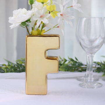 Add a Touch of Luxury with the Shiny Gold Plated Ceramic Letter 'F' Sculpture Flower Vase
