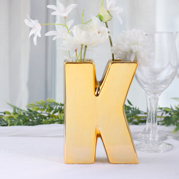 Add Glamour to Your Decor with the Shiny Gold Plated Ceramic Letter 'K' Sculpture Flower Vase