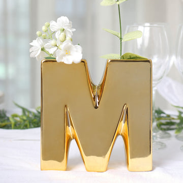 6" Shiny Gold Plated Ceramic Letter "M" Sculpture Flower Vase, Bud Planter Pot Table Centerpiece