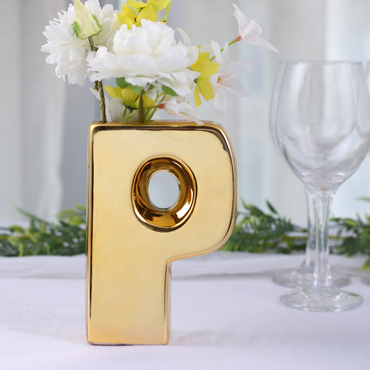 Gold Plated Ceramic Letter P Shaped Flower Vase