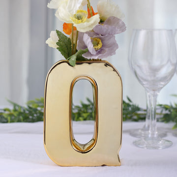 Add Elegance to Your Decor with the Shiny Gold Plated Ceramic Letter Q Sculpture Flower Vase