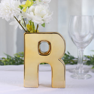 Add Glamour to Your Decor with the Shiny Gold Plated Ceramic Letter R Sculpture Flower Vase