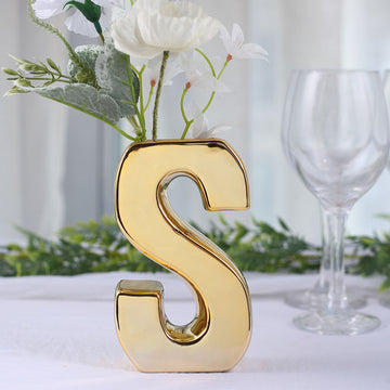 Shiny Gold Plated Ceramic Letter "S" Sculpture Flower Vase, Bud Planter Pot Table Centerpiece 6"