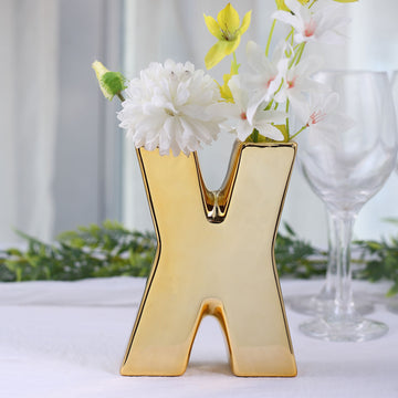 Add Glamour to Your Decor with the Shiny Gold Plated Ceramic Letter 'X' Sculpture Flower Vase