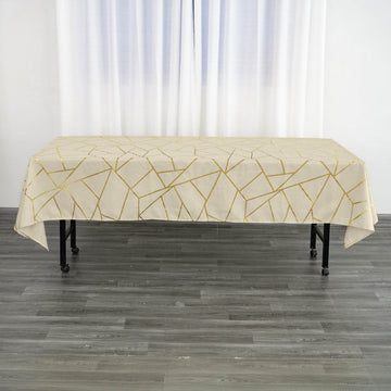 Beige Seamless Rectangle Polyester Tablecloth With Gold Foil Geometric Pattern 60"x102"