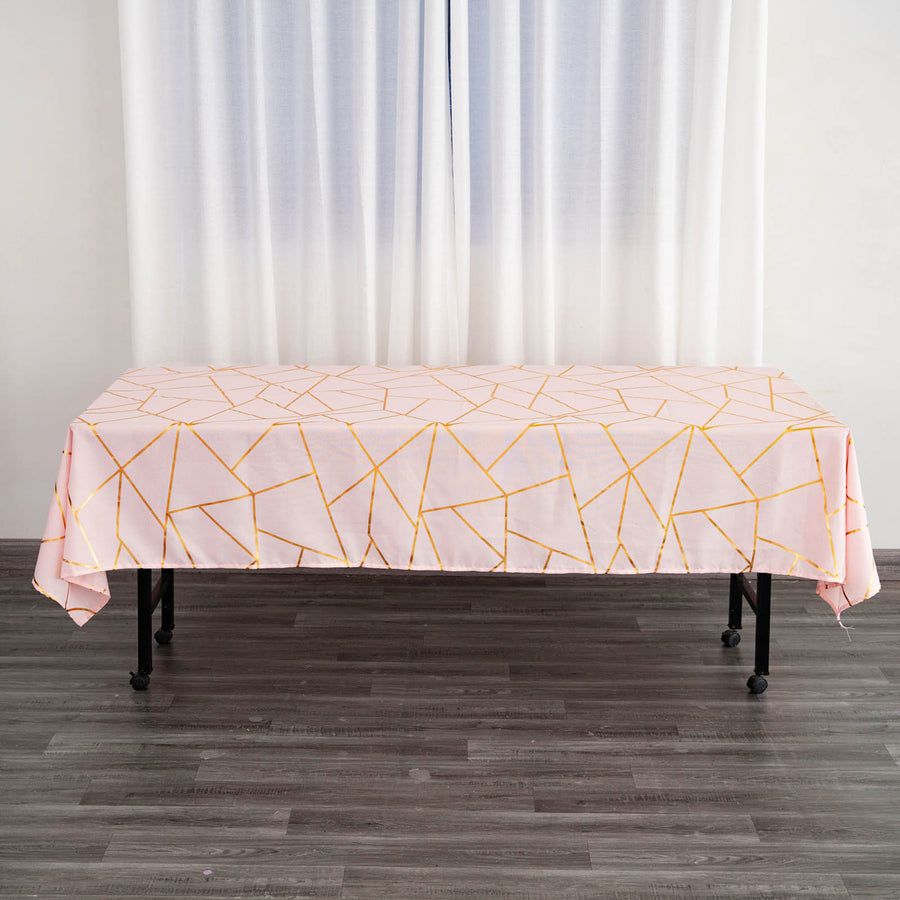60 Inch x 102 Inch Rectangle Tablecloth In Blush Rose Gold With Gold Foil Geometric Pattern