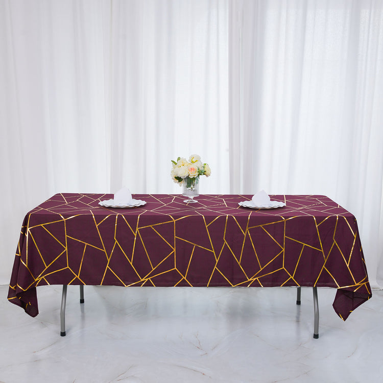 60 Inch x 102 Inch Burgundy Polyester Tablecloth With Gold Foil Geometric Pattern
