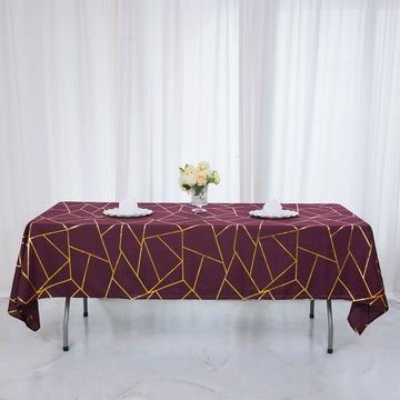Burgundy Seamless Rectangle Polyester Tablecloth With Gold Foil Geometric Pattern 60"x102"