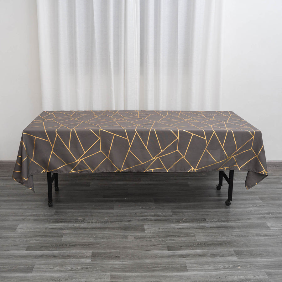 60 Inch x 102 Inch Rectangle Charcoal Gray Polyester Tablecloth With Gold Foil Geometric Pattern