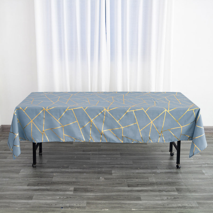 60 Inch x 102 Inch Dusty Blue Rectangle Tablecloth In Polyester With Gold Foil Geometric Pattern
