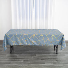 60 Inch x 102 Inch Dusty Blue Rectangle Tablecloth In Polyester With Gold Foil Geometric Pattern