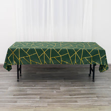60 Inch x 102 Inch Rectangle Polyester Tablecloth In Hunter Emerald Green With Gold Geometric Print