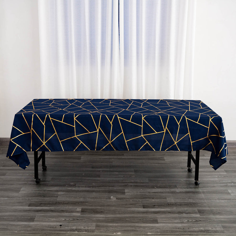 60 Inch x 102 Inch Navy Blue Polyester Tablecloth With Gold Foil Geometric Pattern