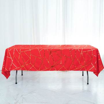 Red Seamless Rectangle Polyester Tablecloth With Gold Foil Geometric Pattern 60"x102"
